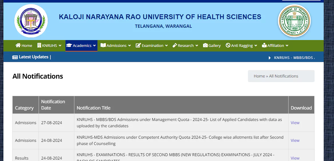 KNRUHS MDS 2024-25, Dental Admissions 2024